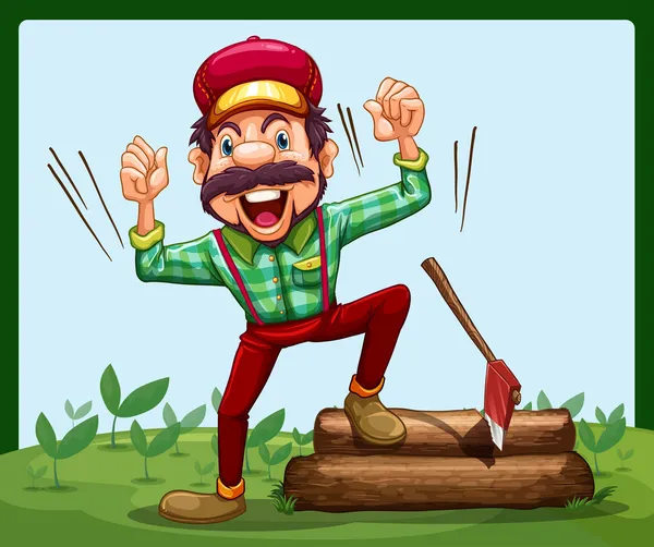 A happy lumberjack stepping on a log with axe — Stock Vector