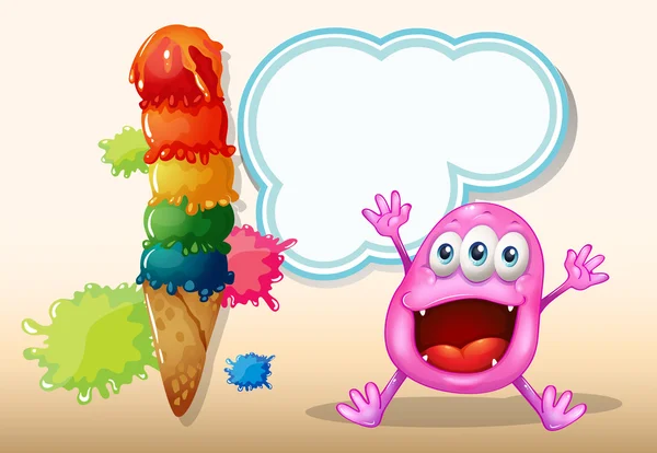 आइसक्रीम के पास एक खुश बीनी राक्षस — स्टॉक वेक्टर