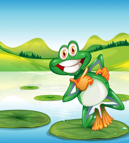 A happy frog standing above the waterlily — Stock Vector