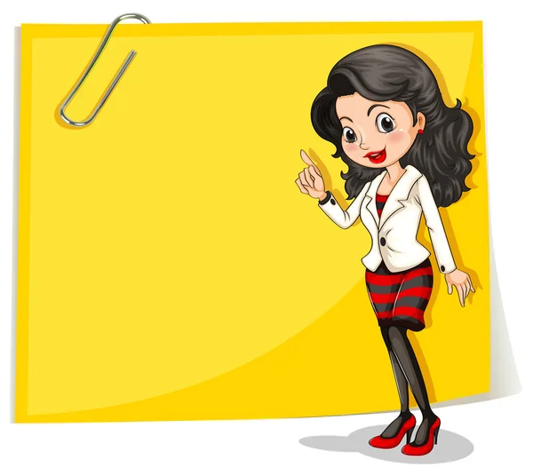 Ein gelbes, leeres Schild mit einer Geschäftsfrau davor — Stockvektor
