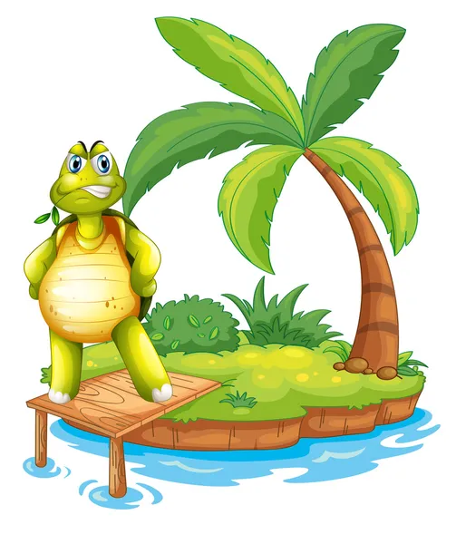 An island with a turtle standing above the wooden bridge — Stock Vector