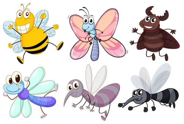 Six flying insects — Stock Vector