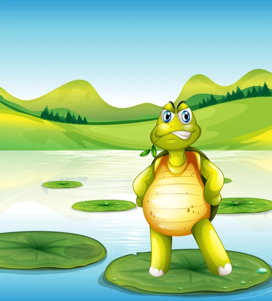 Una tortuga en el estanque de pie sobre un nenúfar — Vector de stock