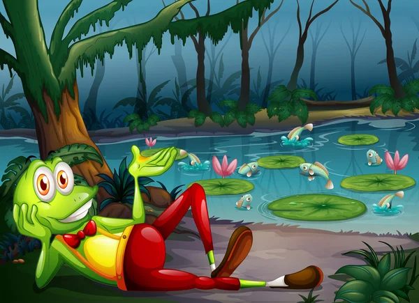 Ormanda su birikintisi yakın oturan bir kurbağa — Stok Vektör