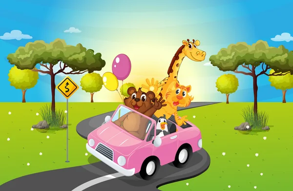 En rosa bil som reser med djur — Stock vektor