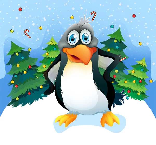 Un pingüino cerca de los árboles de Navidad — Vector de stock