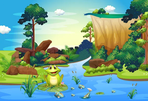 Žába hraje u řeky v blízkosti útesu — Stockový vektor