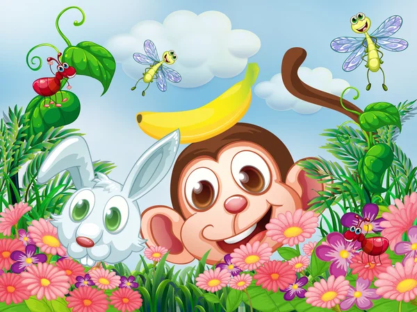 A monkey and a rabbit at the garden with insects — Stock Vector