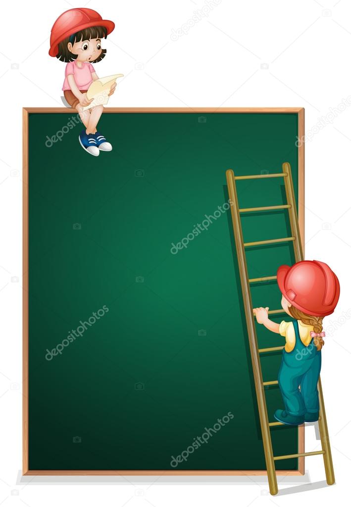 A girl sitting above the empty board and a girl climbing the lad