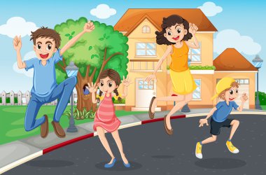 mutlu bir aile sokakta atlama