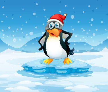 Noel Baba şapkası duran bir buzdağı yukarıda giymiş penguen