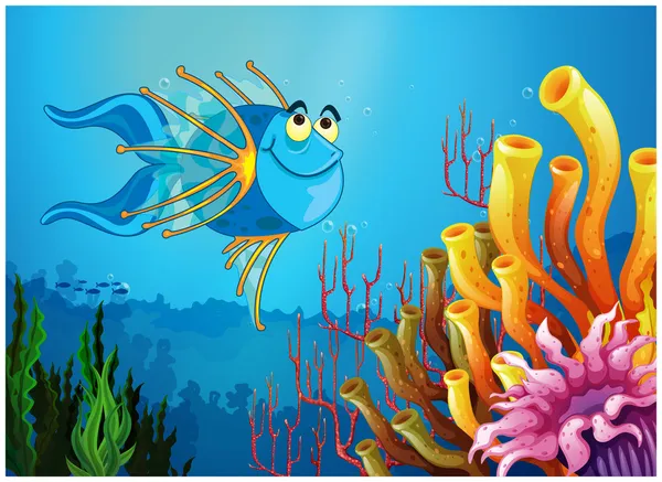 Modré ryby pod hladinou moře v blízkosti korálových útesů — Stockový vektor