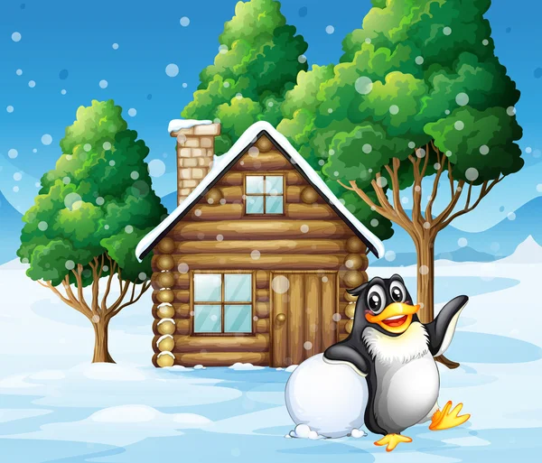 Un pingüino frente a la casa de madera — Vector de stock