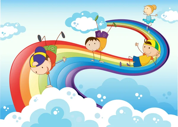 Stickmen jugando con el arco iris — Vector de stock