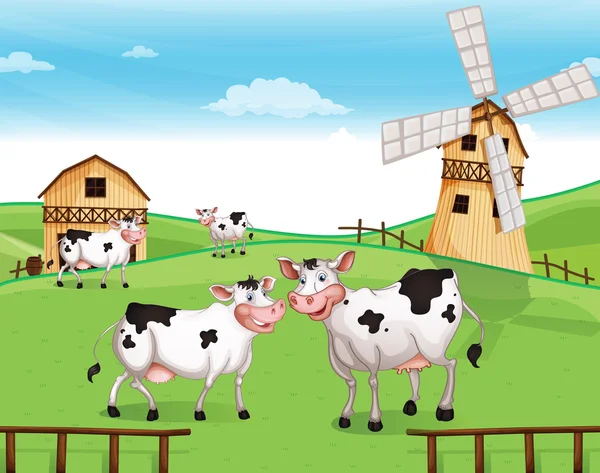 Vaches au sommet de la colline avec un moulin à vent — Image vectorielle