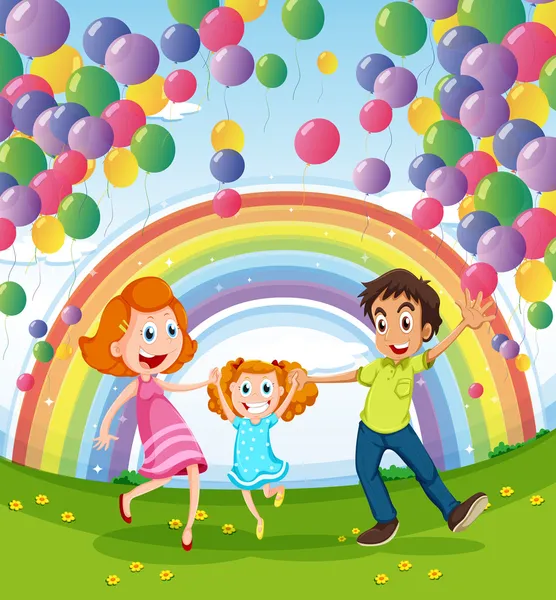 Una famiglia felice vicino all'arcobaleno e ai palloncini — Vettoriale Stock