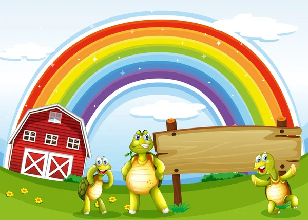 Tři želvy poblíž dřevěné vývěsní štít a rainbow — Stockový vektor