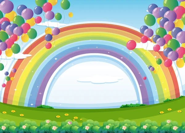 Een hemel met een regenboog en kleurrijke drijvende ballonnen — Stockvector