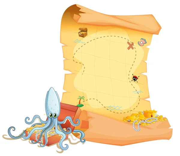 Um mapa do tesouro e um polvo acima da caixa do tesouro — Vetor de Stock