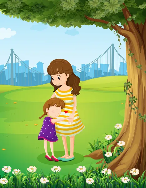 Eine Mutter und ihre Tochter unter dem Baum — Stockvektor