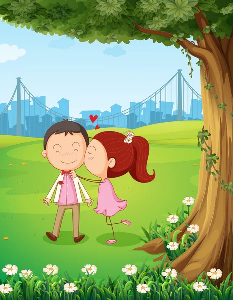 Una dulce pareja bajo el árbol — Vector de stock