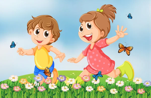 Niños jugando felizmente en el jardín en la colina — Vector de stock