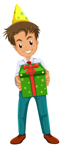 Un niño feliz sosteniendo un regalo — Vector de stock