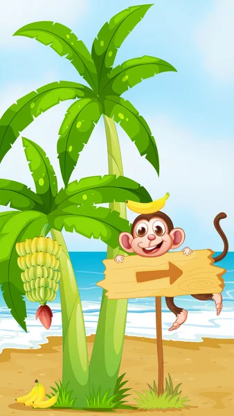 バナナの植物の近くの猿とビーチ — ストックベクタ