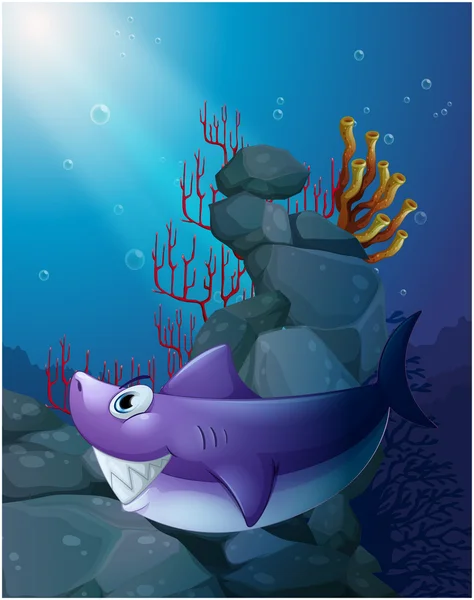 Rekin w morzu w pobliżu skał — Wektor stockowy