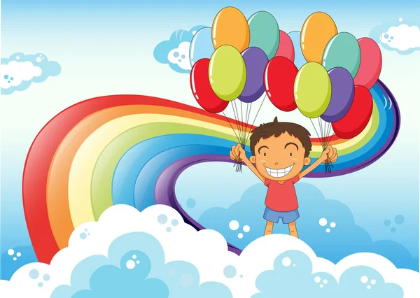 Chlapec s balónky, stojící poblíž rainbow — Stockový vektor