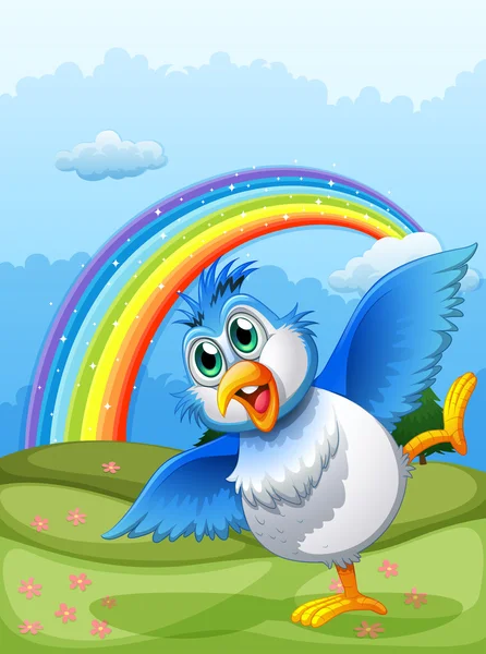 Un simpatico uccello in cima alla collina con un arcobaleno nel cielo — Vettoriale Stock