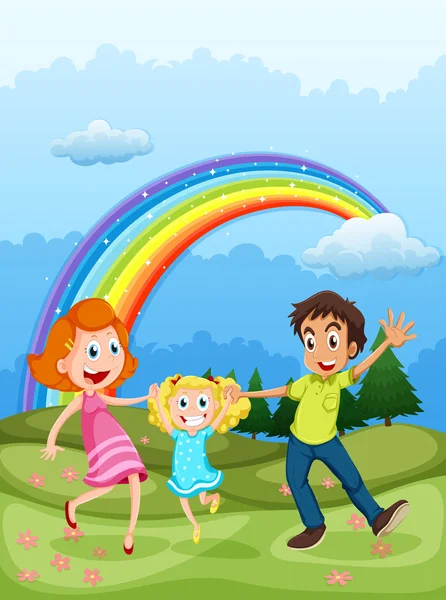 Eine Familie auf dem Gipfel und ein Regenbogen am Himmel — Stockvektor