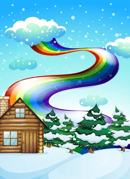 Une maison en bois près des pins avec un arc-en-ciel en hauteur — Image vectorielle