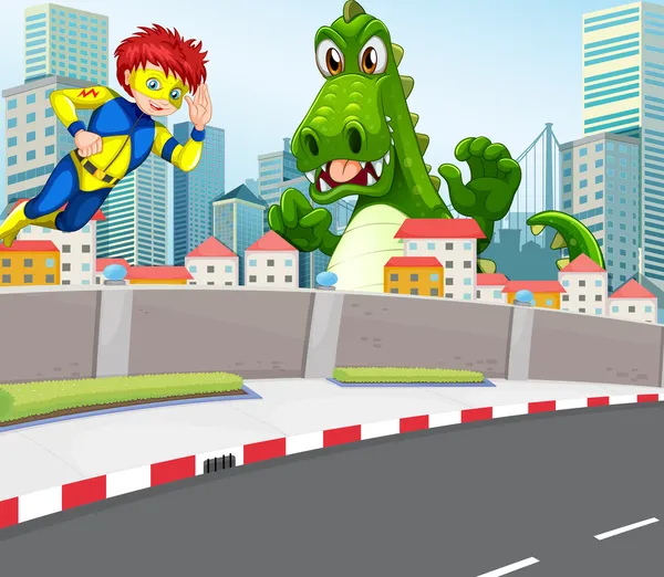 Um super-herói e um crocodilo na cidade — Vetor de Stock