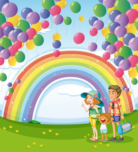 Una famiglia che passeggia con un arcobaleno e palloncini galleggianti — Vettoriale Stock
