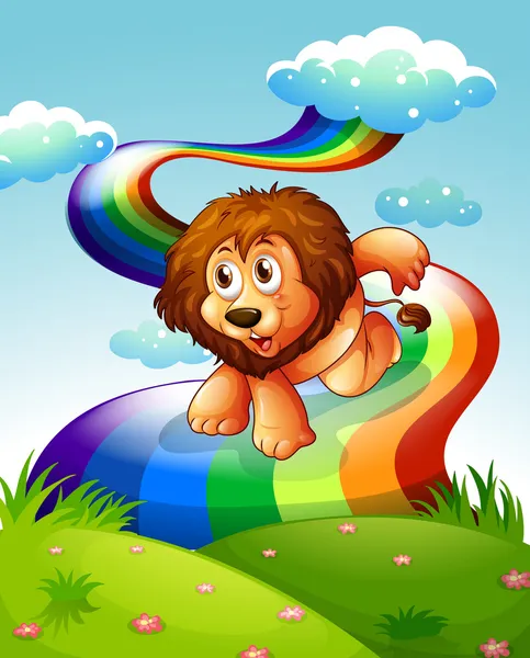 A lion at the hilltop with a rainbow — Stock Vector