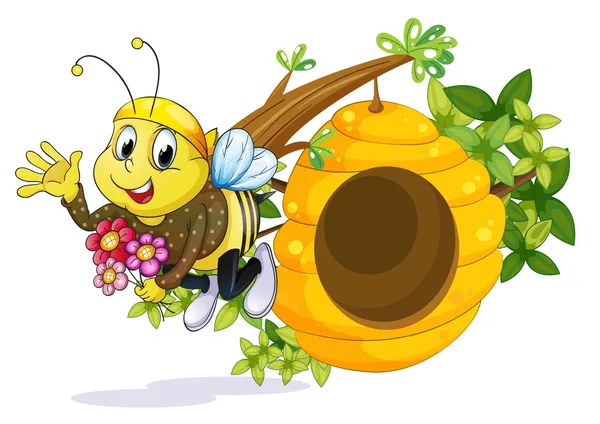 Eine Biene mit Blüten in der Nähe des Bienenstocks — Stockvektor