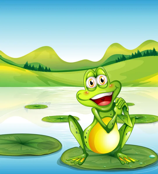 A smiling frog above the waterlily at the pond — Stock Vector