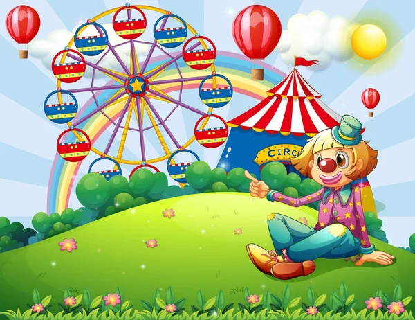 A clown at the hilltop with a carnival — Stock Vector