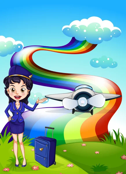 En kvinnlig pilot på kullen med en plan och en regnbåge — Stock vektor