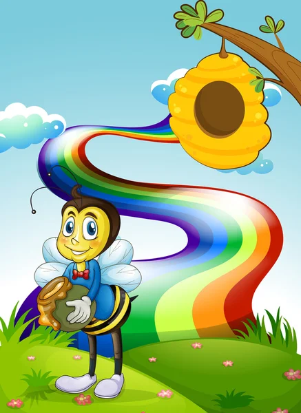 Eine Bergkuppe mit einem Regenbogen und einer Biene in der Nähe des Bienenstocks — Stockvektor