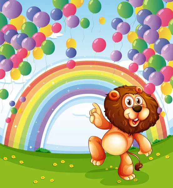 A lion below the floating balloons with a rainbow — Stock Vector