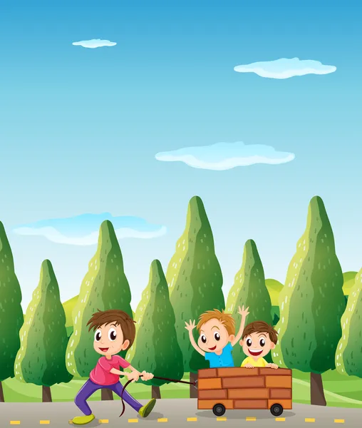 Kids playing at the road with pine trees — Stock Vector