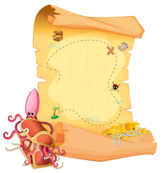 A treasure map and an octopus inside the treasure box — Stock Vector