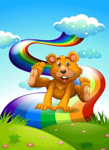 Bir tepenin yakınlarında rainbow oynak bir ayı ile — Stok Vektör