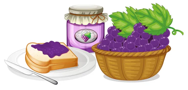 Ein Korb mit Trauben, Marmelade und einem Sandwich — Stockvektor