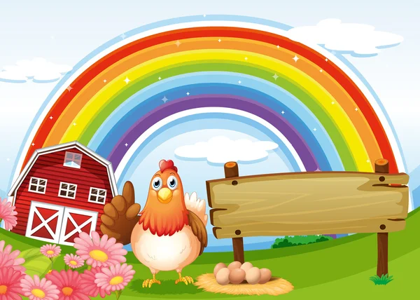 Uma galinha ao lado do tabuleiro vazio na fazenda com um arco-íris —  Vetores de Stock