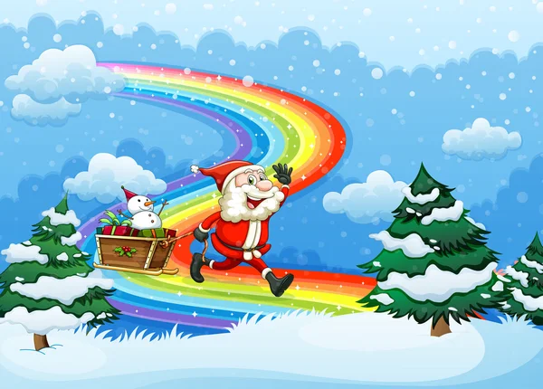 Der Weihnachtsmann und sein Schlitten auf dem Weg zum Regenbogen — Stockvektor