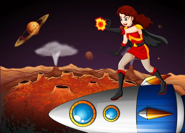 Жіночий супергерой у галактиці, що стоїть над космічним кораблем — стоковий вектор