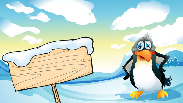 A penguin beside the empty wooden signboard